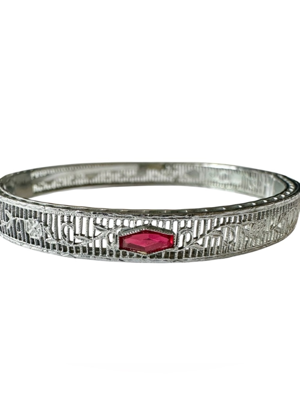 Vintage Rhodium Plated Filigree Bracelet with Pink Center Stone